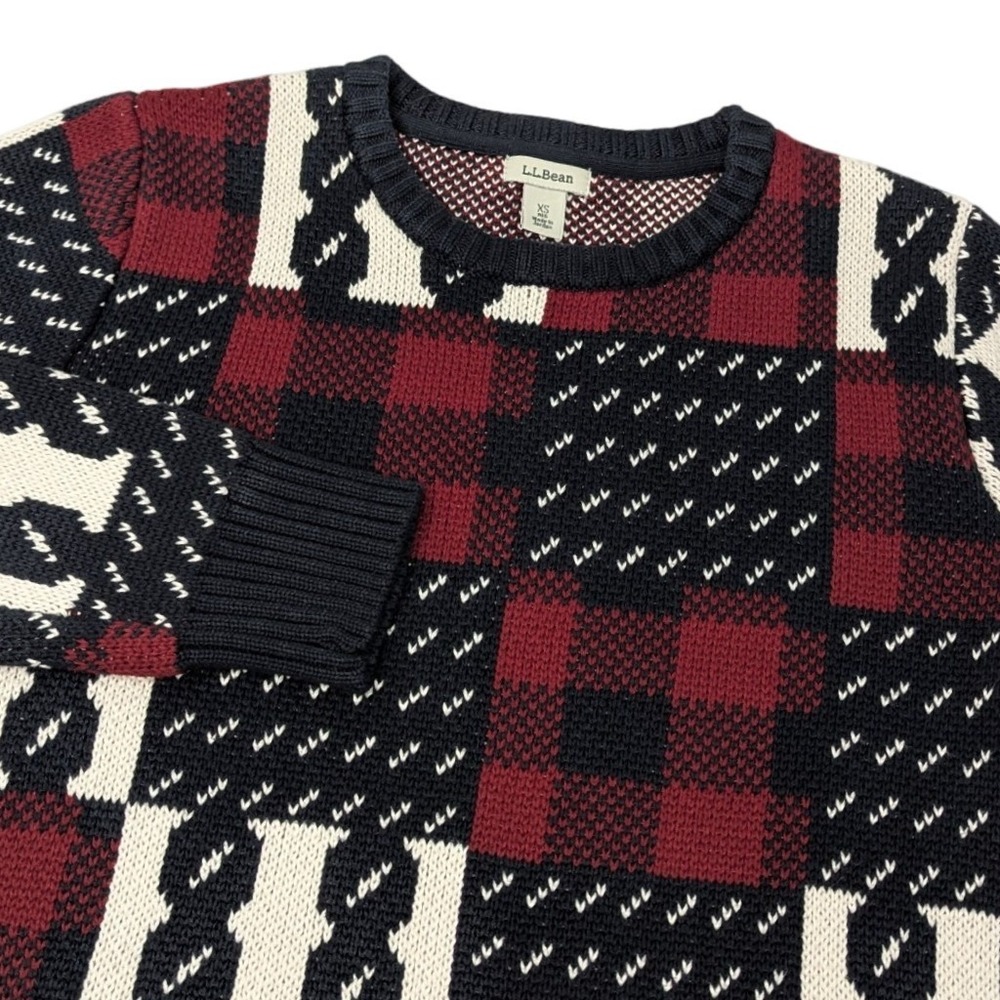 LL Bean Womens XS Organic Cotton Patchwork Buffalo Plaid Crewneck Sweater 518600